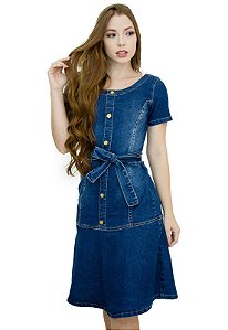 Vestido Jeans Moda Evangélica Evasê de Laço Anagrom Ref.5018