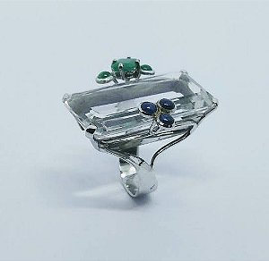Maxi Anel de Luxo Cristal de Quartzo Safira e Esmeralda Natural