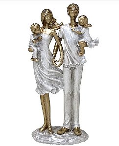 Escultura Família Decorativa Mãe, Filha e Pai com Filho no Colo - Dourado e Branco