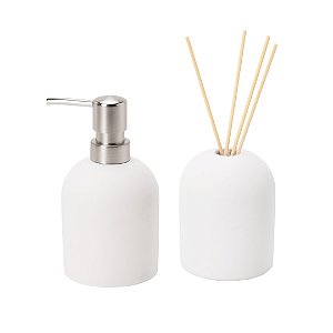 Kit Lavabo - Porta Sabonete Líquido 15 cm e Difusor C/Vareta 20 cm de Cimento Branco