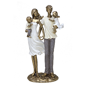 Escultura Família Decorativa Mãe, Filha e Pai com Filho no Colo - Dourado e Branco