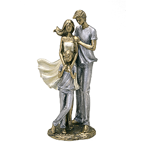 Escultura Família Decorativa Casal e um Filho - Bronze, Branco e Cinza