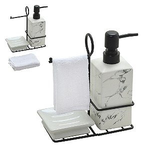 Kit para Banheiro Quadrado Marmorizado Preto e Branco - 3 peças