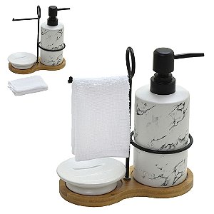 Kit para Banheiro Redondo Marmorizado Preto e Branco - 3 peças