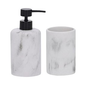 Kit Lavabo Mármore Branco com Dispenser Preto 2 Peças