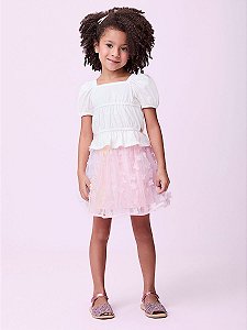 Conjunto blusa branca e saia rosa tule | Momi