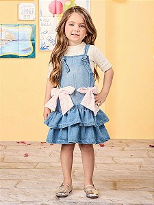 Salopete jeans com babados e laços xadrez | Animê