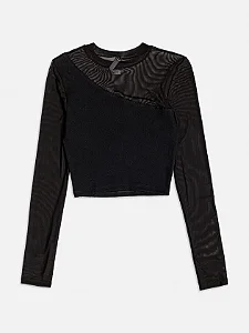 Blusa manga longa preta de tule com recortes | Iam Authoria