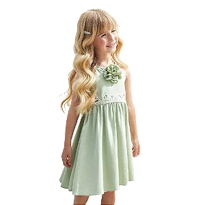 Vestido Infantil em Linho Verde Chá Aplique Flor | Milon