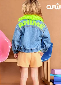 Jaqueta jeans com gola de pelo neon | Animê