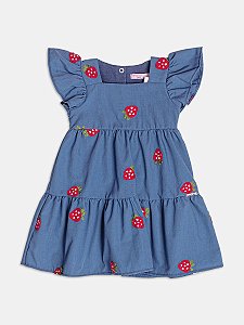 Vestido azul bordados de morango | Momi
