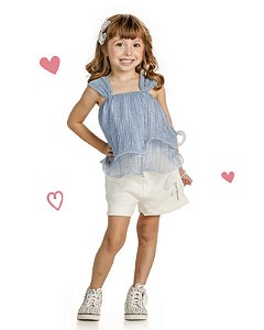 Conjunto short bordado e bata azul | Gabriela Aquarela