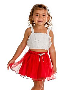 Conjunto saia de tule vermelho e blusa borboleta | Gabriela Aquarela