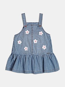 Salopete jeans com aplique de flores brancas | Momi