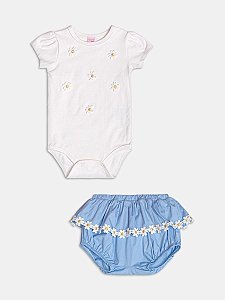 Conjunto body e short com aplique de flor | Momi