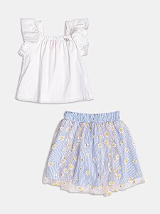 Conjunto blusa e short saia de tule flores amarelas | Momi