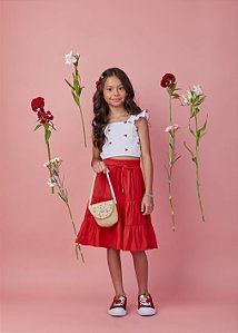 Conjunto saia midi vermelha e blusa love | Gabriela Aquarela