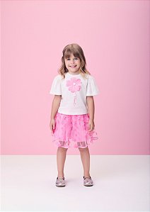 Conjunto blusa e saia de tule rosa flor | Momi