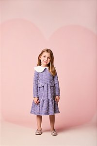 Vestido Manga Longa Tweed Off e Lilás | Momi