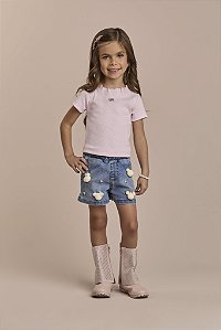 Conjunto Blusa Rosa e Short Jeans Ursinhos com Pompom | Gabriela Aquarela
