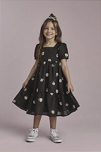 Vestido Algodão Preto Bordado Margaridas | Gabriela Aquarela