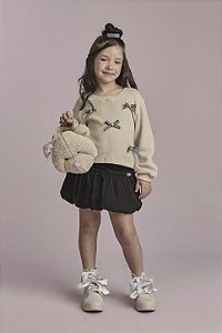Conjunto Saia Bubble Preta e Blusa Tricô Amêndoa Lacinhos | Gabriela Aquarela
