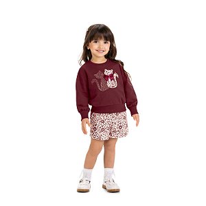 Conjunto Blusa Gatinho e Short Floral Bordô | Milon