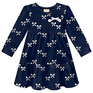 Vestido Manga Longa Marinho Estampa Laços | Milon