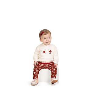 Conjunto Blusa Passarinhos 3D e Calça Floral Bordô | Milon
