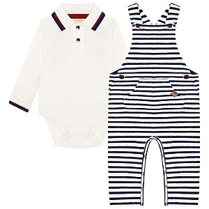 Conjunto Jardineira Listrada e Body Polo Off-White | Milon