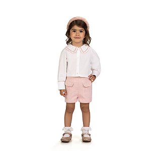 Conjunto Infantil Camisa Pérolas e Shorts Tweed Rosa | Milon