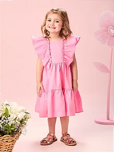 Vestido Infantil Menina de Tricoline Rosa com Mangas Franzidas e Pingente | Momi