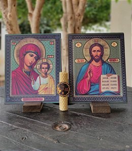 Conjunto de ícones -Jesus Cristo Salvador e Mãe de Deus