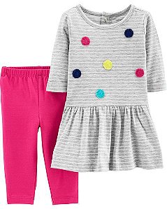 Conjunto vestido cinza listrado com florzinhas e calça legging pink. Carters