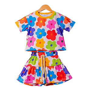 Conjunto Alice Blusa e Short Infantil Feminino - Flores Coloridas