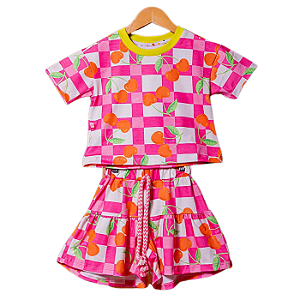 Conjunto Alice Blusa e Short Infantil Feminino - Cerejas Laranja
