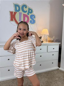 Conjunto Infantil Feminino Listrado Blusa Bufante E Short com Cós Elástico