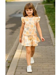 Conjunto Infantil Verão Feminino Jardim Encantado Camiseta com Babado + Short em Barra Godê Para Meninas