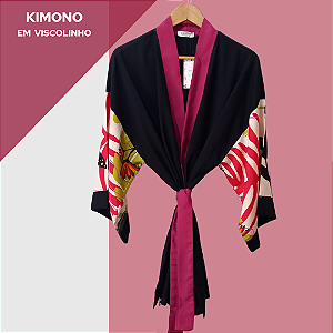 Kimono Madrid manga alongada preto e pink