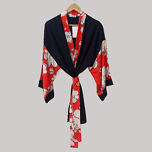 Kimono Madrid Manga alongada preto e vermelho flor