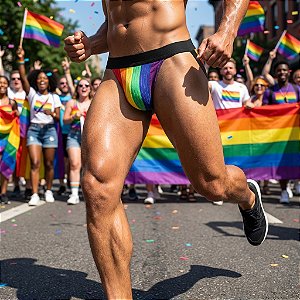 Cueca jockstrap suporte atletico com faixa aberta estampa orgulho pride