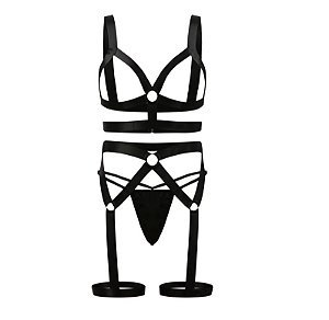 Conjunto Harness Feminino com Cinta-Liga e Calcinha – Lingerie Fetiche em Elástico Preto