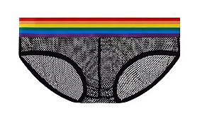 Cueca Masculina Preta em Malha Arrastão com Cós Elástico Arco-Íris