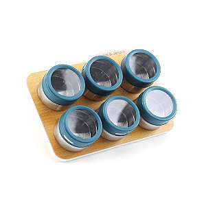 Porta Condimentos em Inox com Suporte Magnético 7 Peças Azul