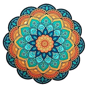 Tapete Mandala Floral Azul, Amarelo e Laranja