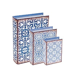 Conjunto 3 Livros Caixa Decorativos Arabescos Azul