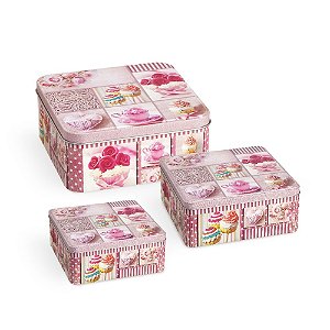 Conjunto 3 Latas Organizadoras Quadradas Cupcake Rosa