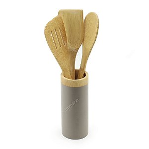 Kit de Utensílios de Bambu com Pote Soft 3 Peças Cinza