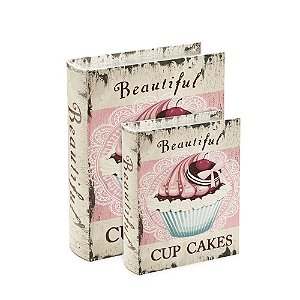Conjunto 2 Livros Caixa Decorativos Cupcake Rosa Envelhecido