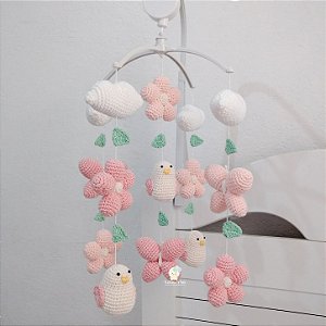Móbile Passarinho ,Flores  e Borboletas Amigurumi Com Musical
